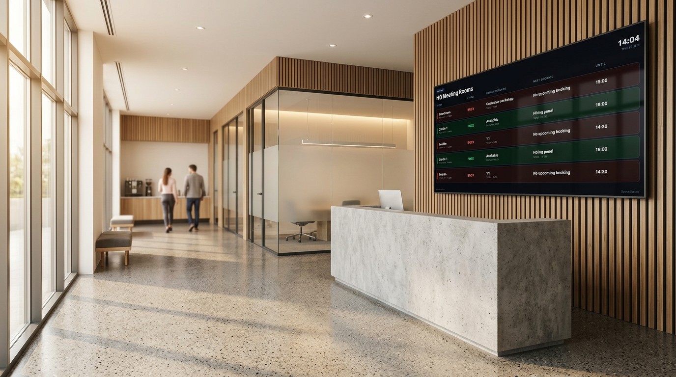 Hotel style reception area with SpaceStatus flightboard showing meeting room bookings