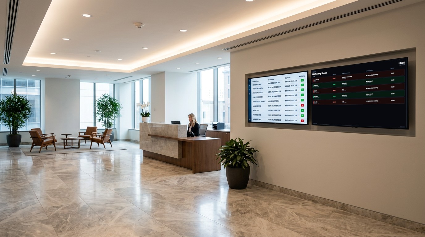 Office lobby with wall mounted SpaceStatus flightboard showing room bookings