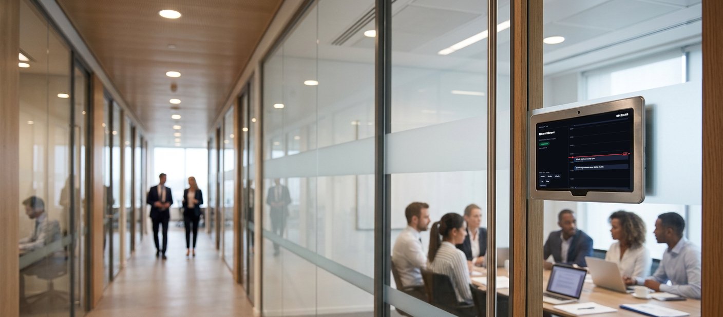 Booking panel mounted on a glass office wall in a corridor outside a boardroom
